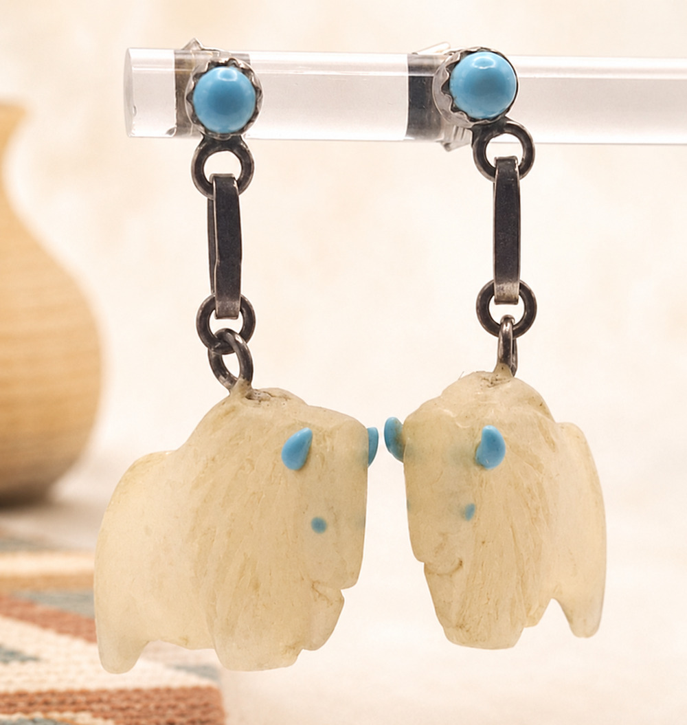 Vintage Zuni Style Buffalo Fetish Earrings White Carved Stone Turquoise Dangle
